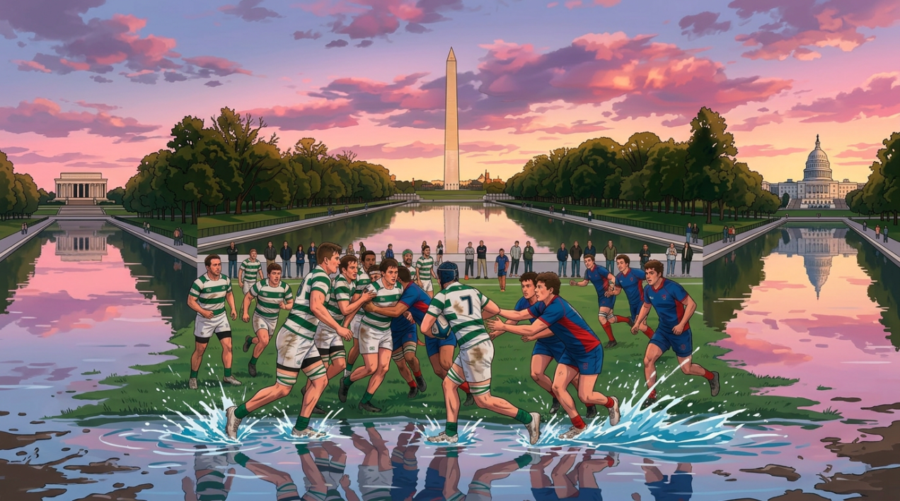 Rugby players in green and white stripes and blue and red uniforms contesting for the ball on grass field with Washington Monument reflected in a pool behind